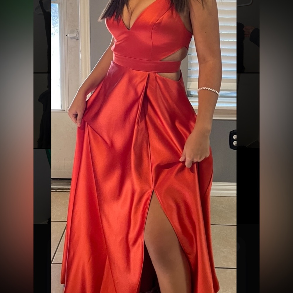 Elegant Red Satin Gown with Cutout Details